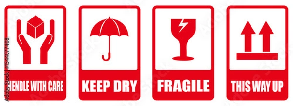 Obraz Four red and white shipping label signs with care instructions in a row on a white background. Shipping labels with fragile warnings. Red caution stickers for packaging