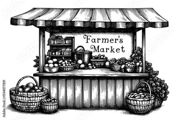 Fototapeta Farmer's market stand in a woodblock print style in black and white