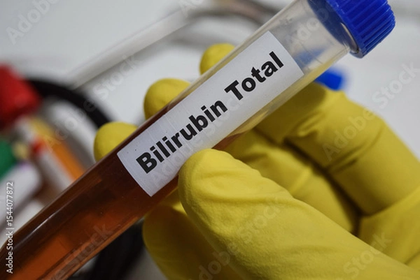 Obraz Bilirubin - Test with blood sample. Top view isolated on office desk. Healthcare or Medical concept
