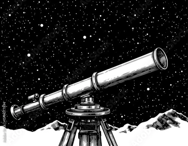 Fototapeta Telescope against a starry sky in woodcut style in black and white,