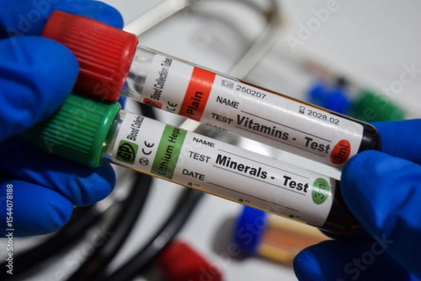 Obraz Vitamins - Test and Minerals Test with blood sample. Top view isolated on office desk. Healthcare or Medical concept