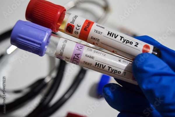 Obraz HIV Type1 - Test and HIV Type2 with blood sample. Top view isolated on office desk. Healthcare or Medical concept