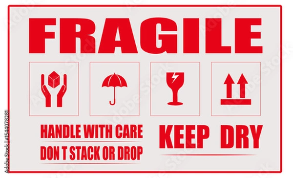 Obraz A fragile warning sign with handling instructions and symbols in red on a white background. Fragile shipping label with red icons. Red caution label for packaging. Do not stack or drop warning label