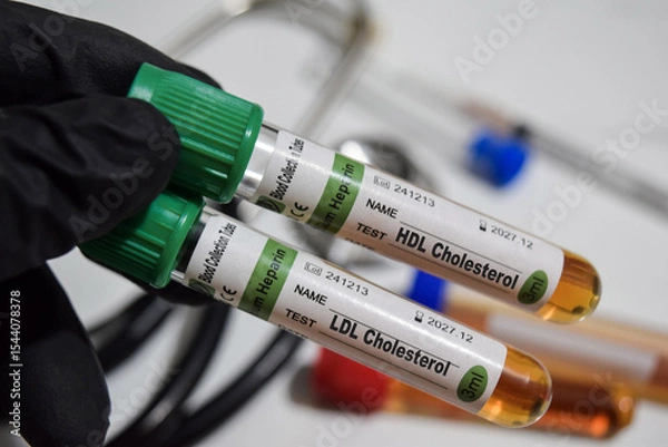 Obraz HDL Cholesterol - Test and LDL Cholesterol - Test with blood sample. Top view isolated on office desk. Healthcare or Medical concept