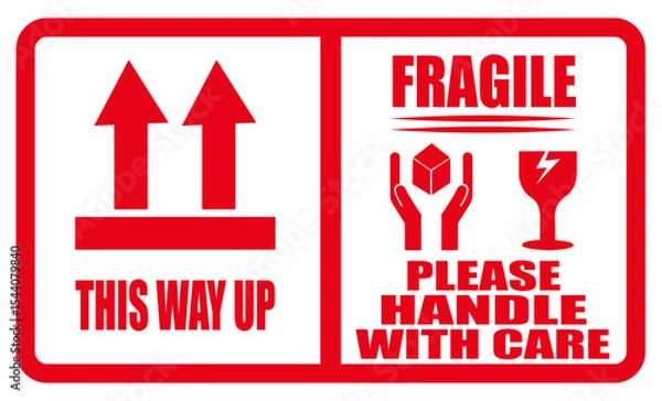 Obraz A red and white shipping label with arrows and a fragile handle with care message on a white background. Fragile package label in red. This way up caution sign. Handle with care red icon label