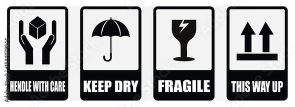Obraz Black and white shipping handling label signs showing care fragile dry and direction information. Black fragile shipping symbol set. Transport warning labels in black. Fragile signs with package icons