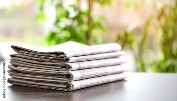 Obraz Newspaper Stack with Table, and Green Background.