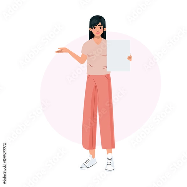 Fototapeta Female character with long hair, pink pants, showing empty sign, stylish minimal vector art for presentations