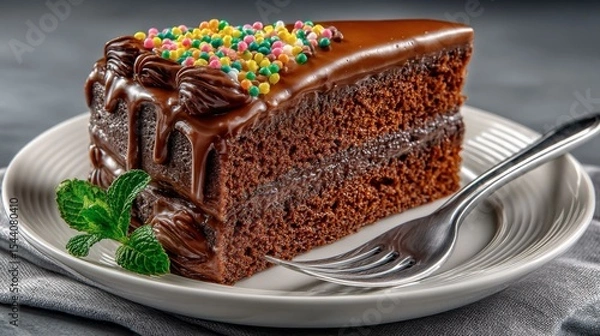Obraz Decadent Chocolate Cake Slice with Rich Frosting and Colorful Sprinkles on White Plate