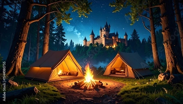 Obraz Night Campfire with Forest Castle View.