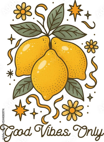 Fototapeta Whimsical lemon illustration with floral accents and “Good Vibes Only” quote—perfect for cheerful summer prints, stickers, and uplifting product designs.