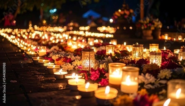 Obraz Night candles with flowers, and temple path.