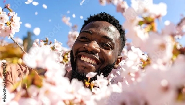 Obraz Happy man with cherry blossoms, and spring.