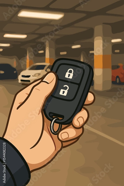 Fototapeta Hand holding a car remote key in an underground parking garage. Concept for vehicle security, alarm system, keyless entry, and modern automotive technology. Cartoon vector design.