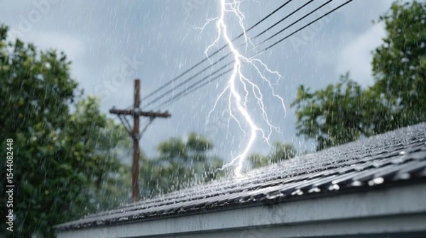 Fototapeta Lightning striking a roof during a heavy downpour, rain hitting the roof and splashing up, dramatic weather scene outside with trees and power lines.