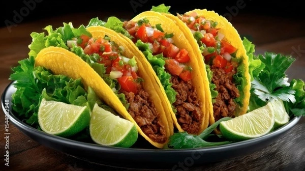 Obraz Freshly prepared beef tacos with lettuce tomato topping served with lime wedges on a black plate