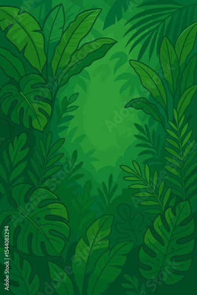 Fototapeta Lush green tropical rainforest leaves background with copy space, vibrant exotic foliage, cartoon jungle border, botanical nature pattern, monstera palm banana vector illustration