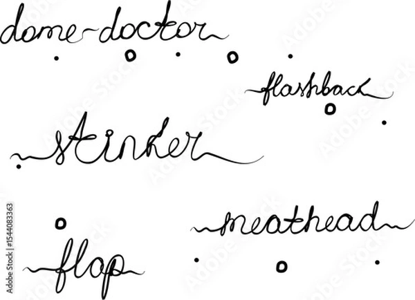 Obraz Dome-doctor, flap, flashback, stinker, meathead. Phrases handwritten, set. Modern calligraphy text. Isolated word, lettering black new
