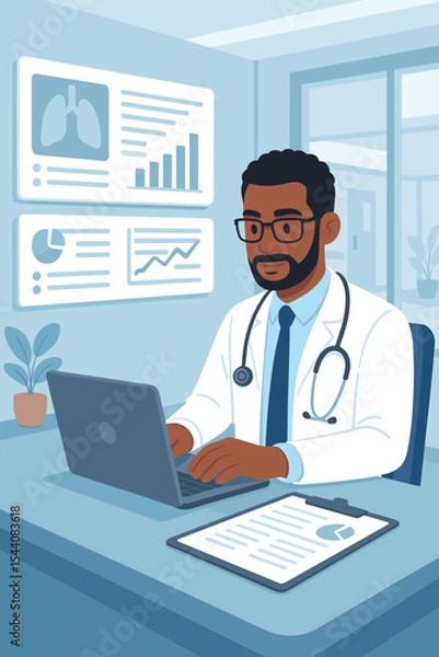 Fototapeta Professional doctor analyzing patient medical data and charts on laptop in modern hospital office. Healthcare technology concept. Clinical workspace illustration. Digital medical record analysis