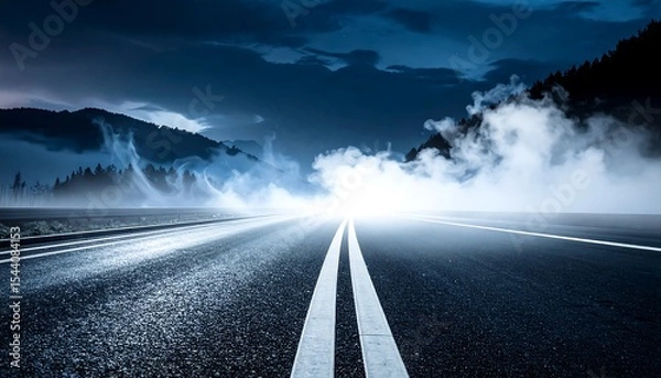 Obraz Night road with fog, and mountain view.