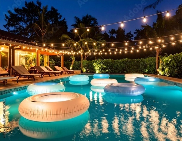 Fototapeta Nighttime pool party with glowing floaties and string lights