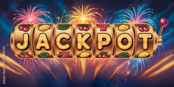 Fototapeta Slot machine reels spelling "JACKPOT" text with fireworks and casino symbols


