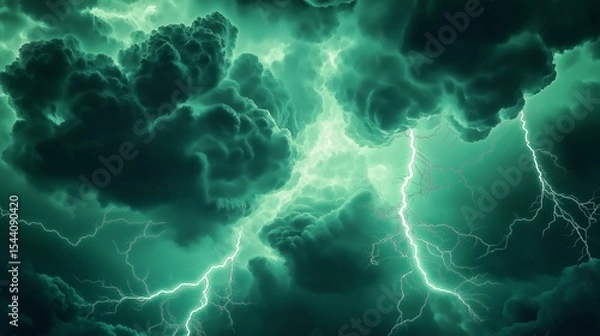 Fototapeta Green lightning bolts striking through storm clouds