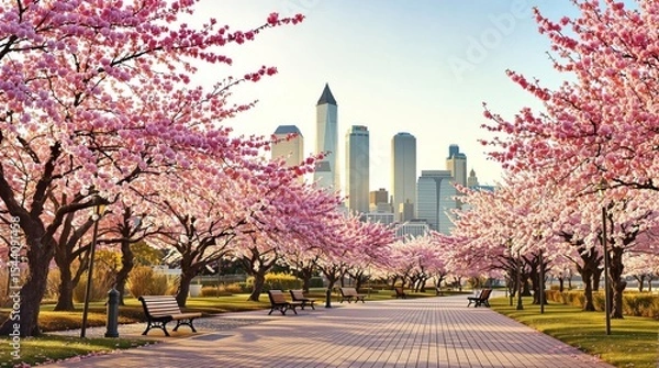 Fototapeta Pink cherry blossoms line a city park path, with a modern skyline in the background