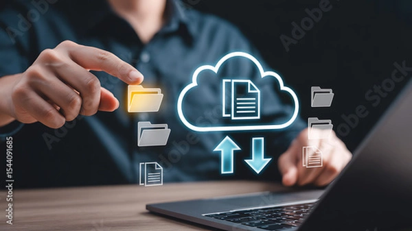 Fototapeta Person using laptop interacting with digital cloud data transfer icons