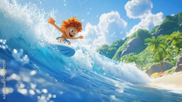 Obraz A cheerful cartoon character riding a wave, with water splashes and a playful beach backdrop