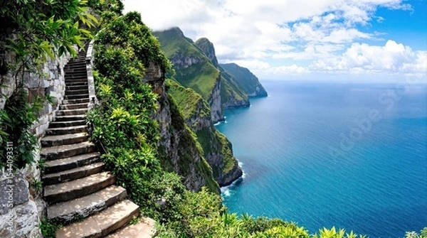 Fototapeta Coastal cliff path with stone steps. Lush greenery climbs the steep slope above a turquoise ocean