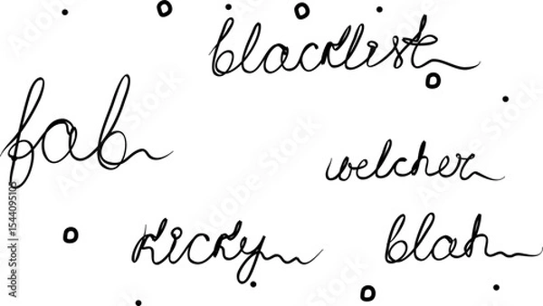 Obraz Blacklist, blah, fab, kicky, welcher. Phrases handwritten, set. Modern calligraphy text. Isolated word, lettering black new