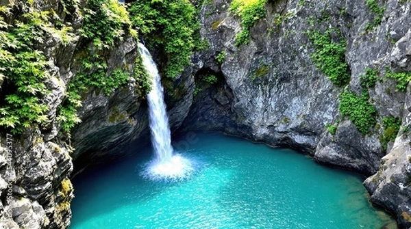 Fototapeta Waterfall plunging into vibrant turquoise pool surrounded by rocky cliffs and verdant trees