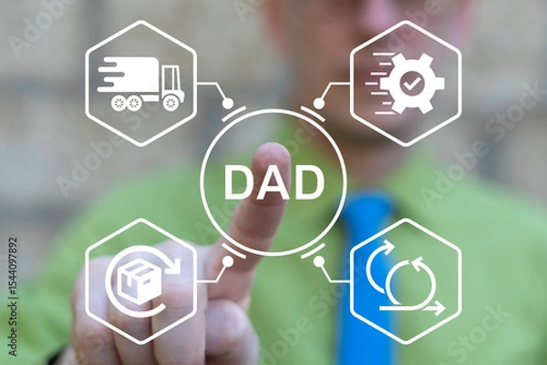 Fototapeta Disciplined Agile Delivery (DAD) Business concept. DAD Framework for Scalable Agile Solutions. Business person using virtual touch screen push abbreviation: DAD.