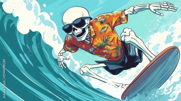 Obraz A humorous cartoon surfer skeleton wearing sunglasses and a Hawaiian shirt, catching a wave with a playful vibe
