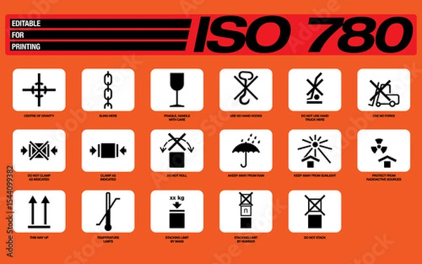 Fototapeta ISO 780 Set of packaging vector symbols for handling and transporting goods. Editable vectors for printing.