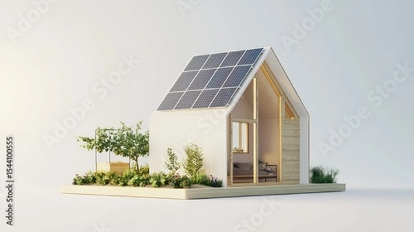 Obraz A minimalist tiny house with solar cell panels installed on its roof and a small garden shed