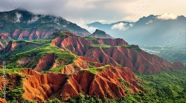 Fototapeta Red rock mountains with lush green valleys.  A panoramic view of eroded, reddish-brown hills and valleys with patches of green vegetation. Clouds drift over the mountaintops