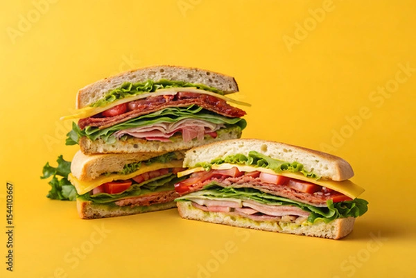 Fototapeta Minimalist composition of a complete sandwich, with layers of meat and fresh vegetables, captured on yellow background