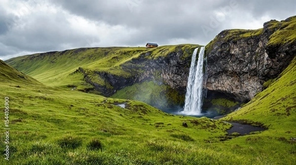 Fototapeta Serene waterfall cascading into a pool amid lush green hills under a cloudy sky