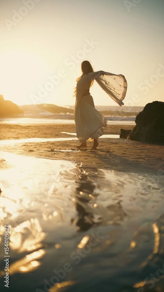 Fototapeta A girl in a sari dances against the backdrop of the ocean at sunset. Meditation.  Yoga. Soft focus