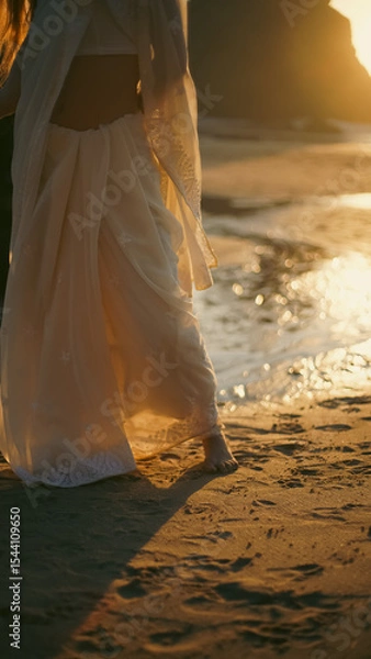 Fototapeta A girl in a sari dances against the backdrop of the ocean at sunset. Meditation.  Yoga. Soft focus