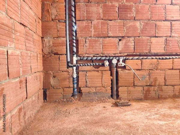 Fototapeta Plumbing installation work. Plastic pipes with thermal insulation in modern design bathroom. Completion of rough work