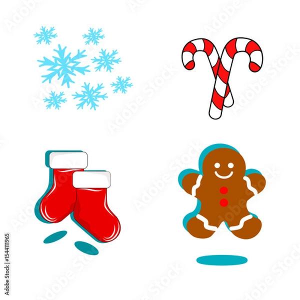 Obraz Cheerful Christmas icon collection: sweet candy canes, warm gloves, and adorable gingerbread men. Perfect for greeting cards, web design, and holiday projects. 
