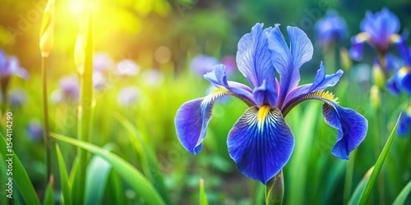 Fototapeta Delicate Siberian blue iris flower blooming in a lush green garden with vibrant flowers and foliage during summer days, nature