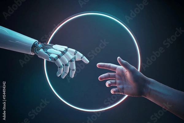 Fototapeta A human hand reaching out towards a robotic hand. Both hands are positioned against a dark background, and the robotic hand is illuminated with a neon blue glow. 