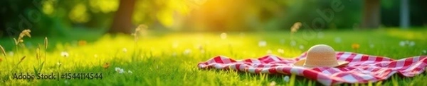 Fototapeta Sun-dappled meadow, red and white picnic blanket, tranquil scene ,  happy, picnic,  tranquil