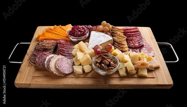 Fototapeta neatly arranged charcuterie board with cheeses and cured meats on a transparent background