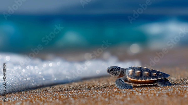Fototapeta Small turtle making its way across the sandy beach