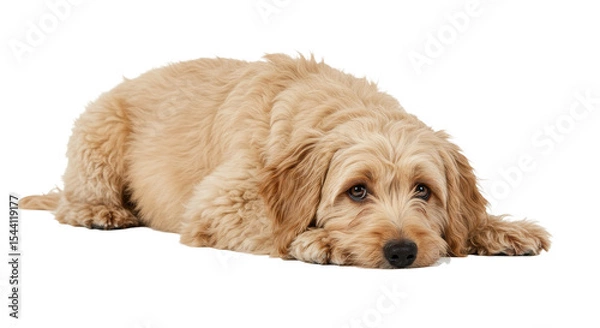 Obraz Cute Dog Lying Down Looking Sad Isolated on White
